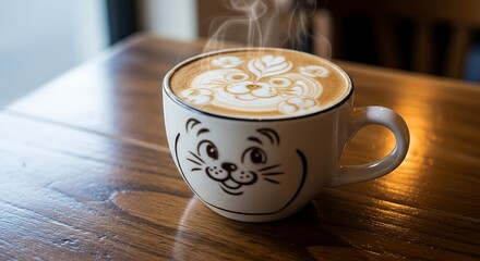 Steaming Cup of Coffee with Cat Latte Art on White Mug in Cozy Cafe Setting