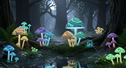 Colorful Glowing Mushrooms in Dark Mystical Forest Scene with Bioluminescent Lighting and Lush Green Foliage