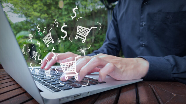 Outdoor Laptop E-Commerce Interface with Shopping Cart and Dollar Icons