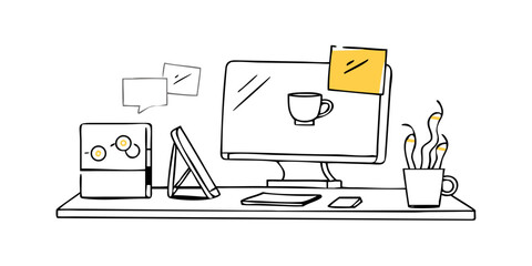 Doodle speech bubbles and sticky notes on white background