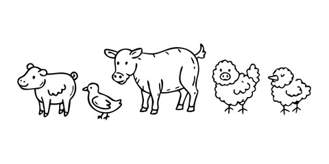 Farm animals line art with transparent background chicken