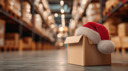 Holiday Gift in Warehouse: A festive Christmas scene unfolds within a warehouse, with a wrapped gift box, adorned with a Santa hat, situated amidst a backdrop of shelves filled with packages.