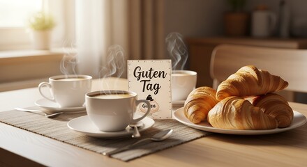 Warm Cozy Breakfast Scene with Croissants and Coffee in Bright Kitchen