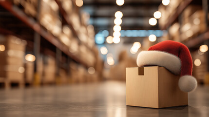 Holiday Shipment: A single cardboard box adorned with a festive Santa hat sits amidst a vast warehouse, symbolizing holiday deliveries. Conveying the spirit of Christmas.