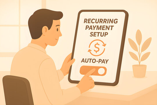 Recurring Payment Setup , flat vector illustration of a user setting up recurring payments via online banking or mobile app.