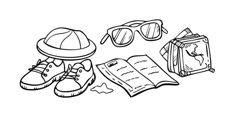 Travel Essentials Sunglasses Hat Map Doodle vacation