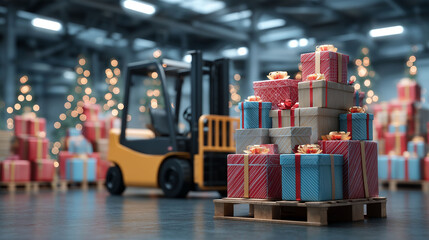 Holiday Delivery: Festive presents stacked on a pallet, ready for shipment in a bustling warehouse, showcasing the essence of holiday logistics.