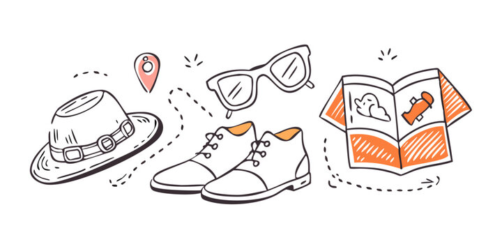 Travel essentials doodles on a white background sunglasses
