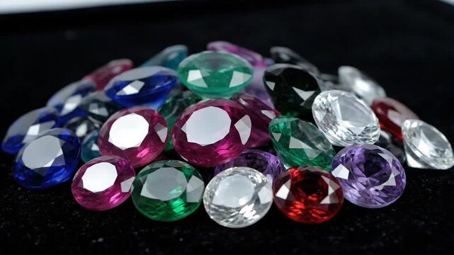 Pile of colorful faceted gemstones scattered on a dark, soft surface