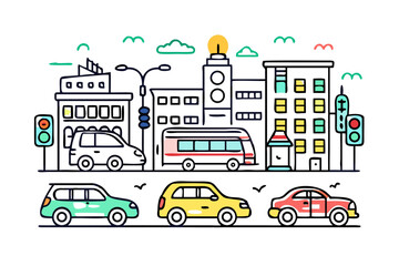 City street scene with cars and buildings traffic lights