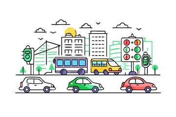 Cartoon city street with cars and buildings doodle