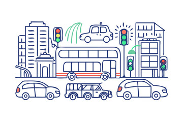 City street scene with cars and buildings traffic