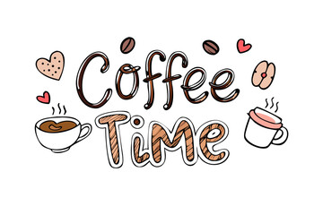 Coffee Time hand drawn text with doodles lettering