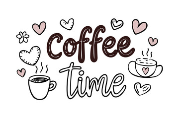 Coffee word with scattered hearts on transparent background