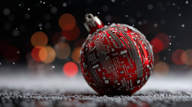 Digital Ornament: A captivating, photorealistic shot showcases a unique holiday ornament intricately designed with a digital circuit board pattern.