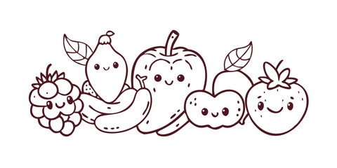 Cute cartoon fruits and vegetables with happy faces