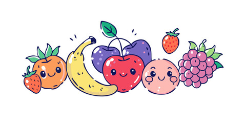 Cute cartoon fruits with happy faces on white background