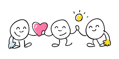 Cute doodle characters with pink heart and yellow ball
