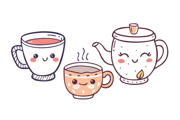 Cute coffee cups and teapot with faces kawaii