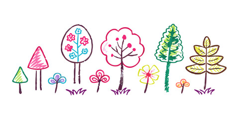 Cute doodle style trees flowers and leaves on white background