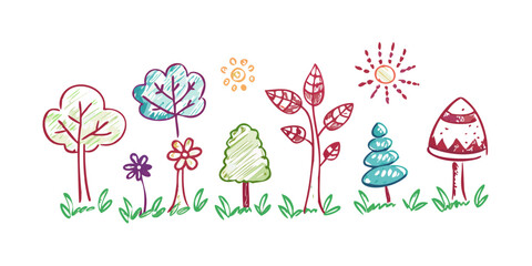 Cute doodle style trees flowers leaves and mushrooms 1