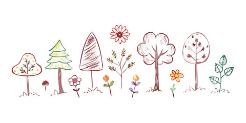 Cute doodle style trees flowers leaves and mushrooms
