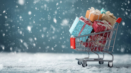 Winter Shopping Spree: A festive shopping cart overflows with an array of beautifully wrapped presents against the backdrop of a winter wonderland. Capturing the spirit of giving.