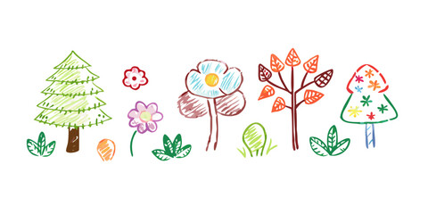 Cute doodle style trees flowers leaves and mushrooms 2