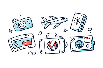 Cute doodle travel icons with airplane passport and camera 1