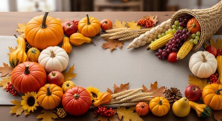 Autumn Harvest Display of Pumpkins Apples Corn and Fall Leaves on Table