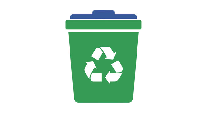 Green recycling bin with blue lid and white recycle symbol.