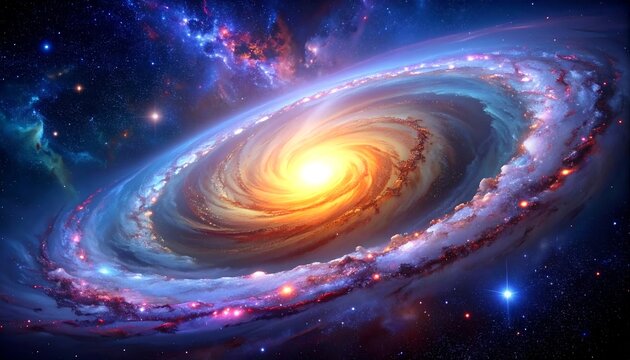 Spiraling galaxy with bright core and colorful cosmic dust