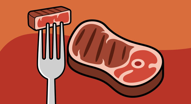 Grilled Steak and Fork with Meat Piece.