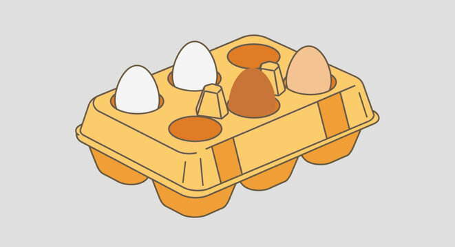 Half-Dozen Egg Carton with White and Brown Eggs.