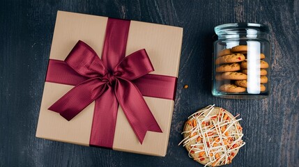 Paper gift box with ribbon and cookie jar