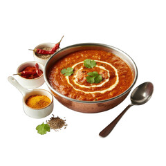 Authentic Indian Lentil Dal Dish Garnished With Cream And Cilantro Served With Spices In Small Bowls And A Spoon On A Black Background Studio Shot