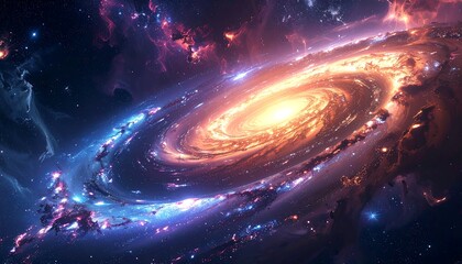 Spiraling galaxy with vibrant colors, illuminated by stellar core