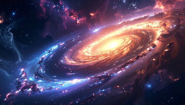 Spiraling galaxy with vibrant colors, illuminated by stellar core