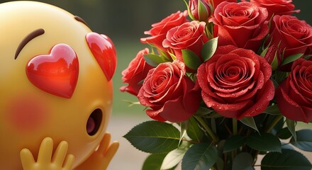Cute Emoji with Heart Eyes next to Bouquet of Red Roses on Green Background