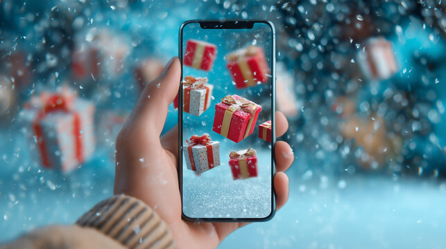 Digital Gift Reveal: A person's hand holding a smartphone, unveiling an augmented reality display of floating gift boxes against a serene, snow-kissed backdrop.