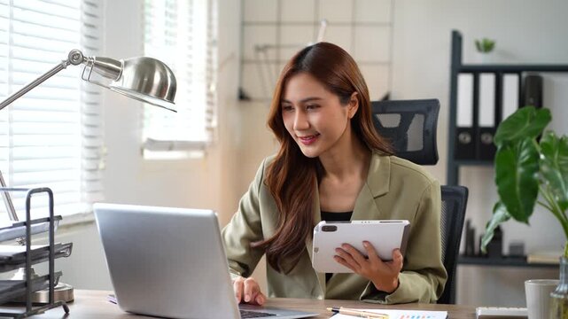 Woman is using a tablet to access the cloud computing system , Storage and data transfer Cloud network , Cloud technology. Networking and internet service concept.