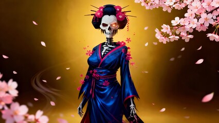 Fototapeta premium Yurei Geisha: Skeleton in Kimono with Cherry Blossoms and Glowing Eyes