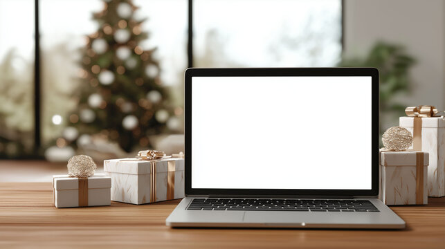 Holiday Laptop Delight: A laptop with a blank screen sits on a wooden table, adorned with festive gift boxes and a softly blurred Christmas tree, inviting a sense of holiday warmth and anticipation.