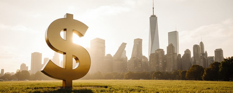 Monumental Golden Dollar Symbol with City Skyline at Sunset