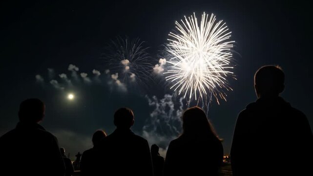People Silhouetted Watching Spectacular Fireworks Display in Night Sky.