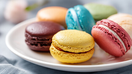 Fototapeta premium A close up shot of colorful macarons arranged on a white plate with a soft background