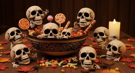 Halloween Skeleton Skulls with Candy and Candles in Dark Room