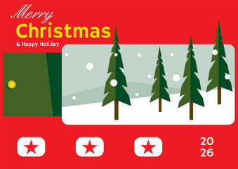 Naklejka premium Flat Christmas card design with pine trees and snowfall for festive greeting layout