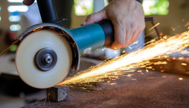 Side view of bench grinder in action producing sparks, perfect for metalworking, industrial machinery, and engineering workshop concept. - Powered by Adobe