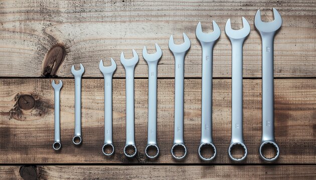 Top-down view of clean wrench set neatly arranged on rustic wooden workbench, perfect for mechanic tools background, workshop organization, and industrial concept.